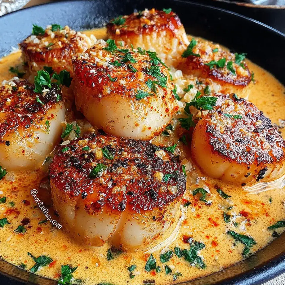 Seared Scallops with Spicy Cajun Cream Sauce served on the table