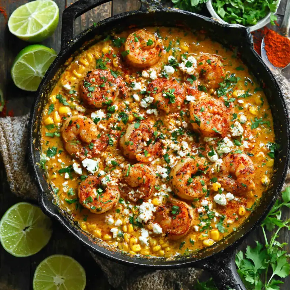 Shrimp and Creamed Corn served on the table