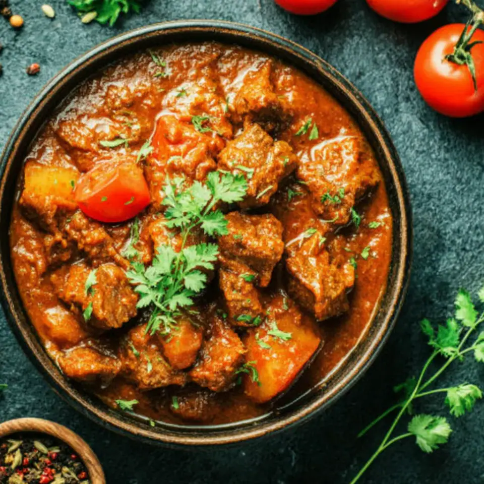 Slow Cooker Beef Vindaloo, ready to serve