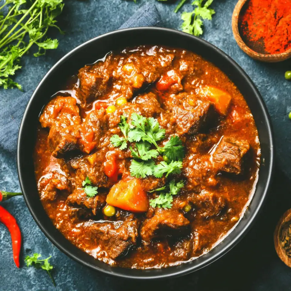 Slow Cooker Beef Vindaloo served on the table