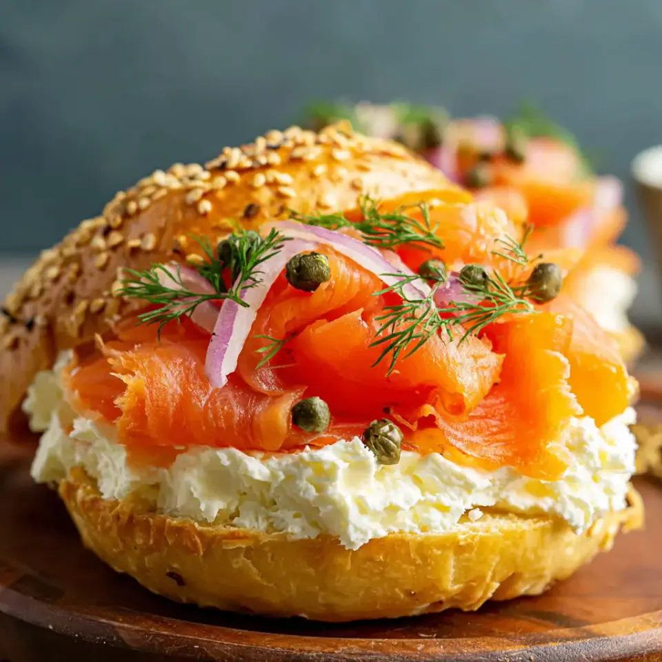 Smoked Salmon and Cream Cheese Bagel, ready to serve