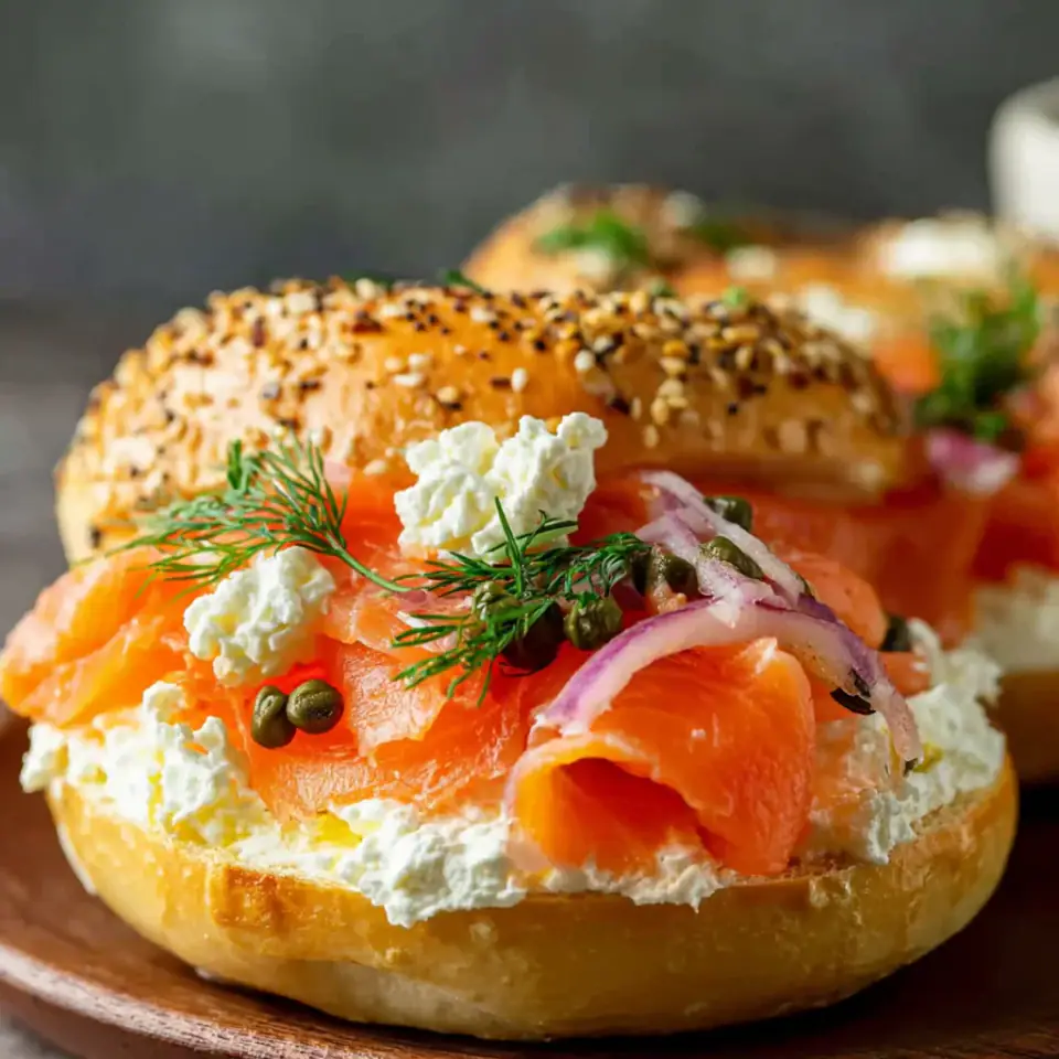A close look at Smoked Salmon and Cream Cheese Bagel