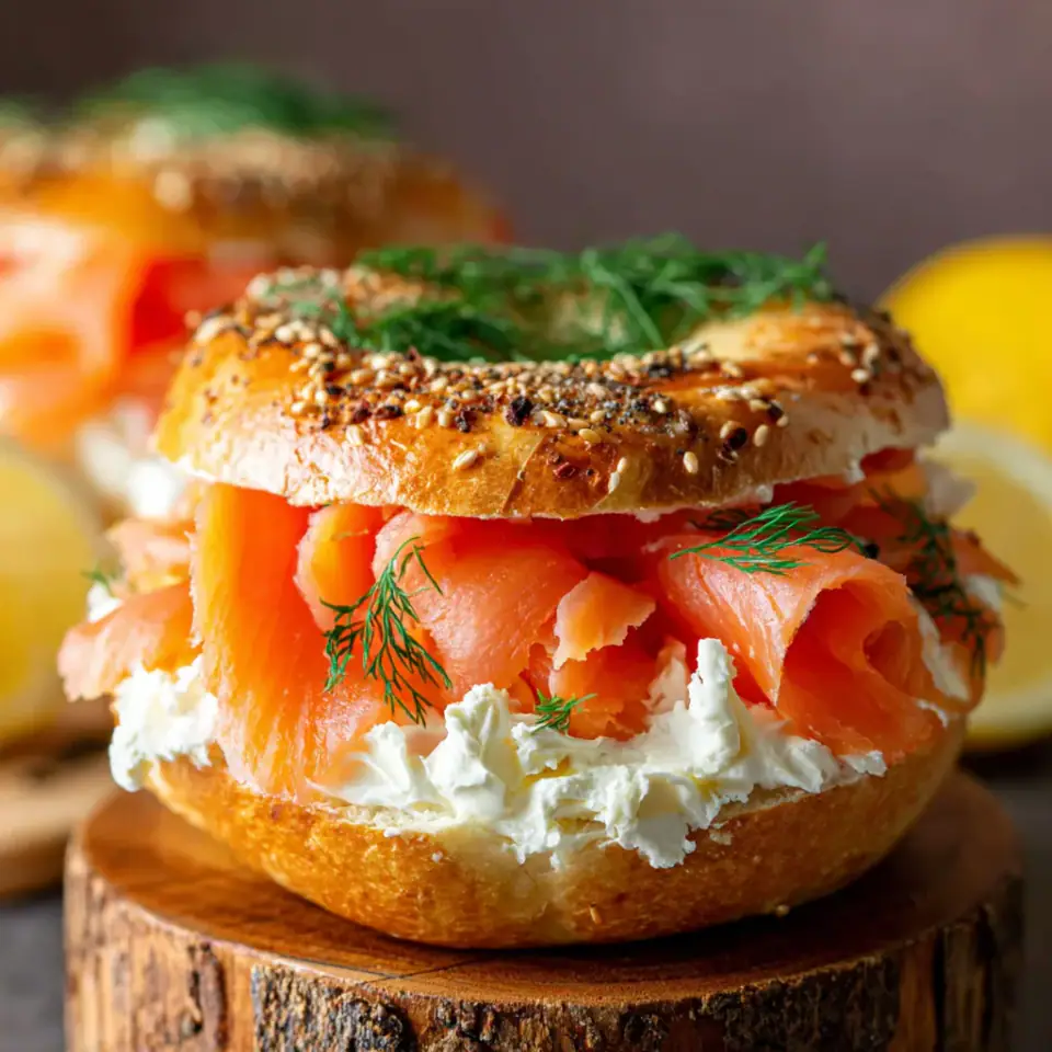 Smoked Salmon and Cream Cheese Bagel served on the table