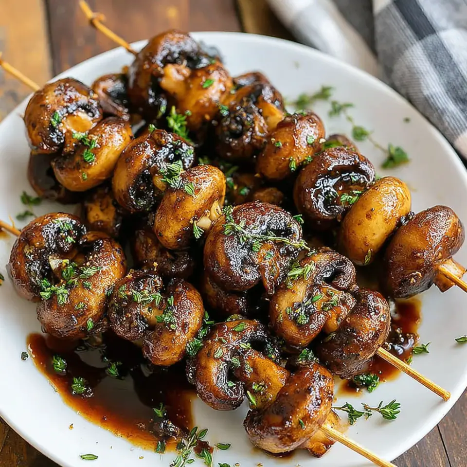 Smoky Balsamic Garlic Mushroom Skewers, ready to serve