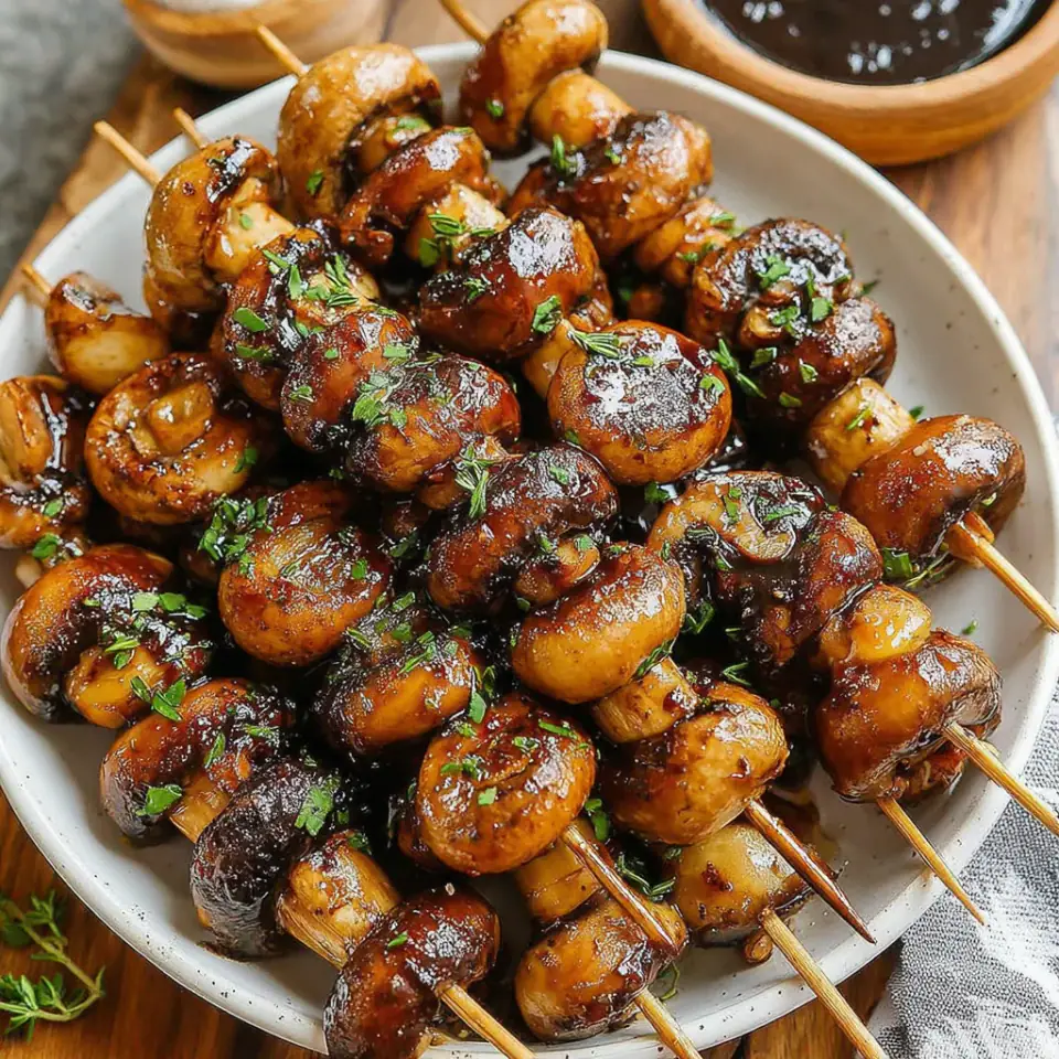 A close look at Smoky Balsamic Garlic Mushroom Skewers