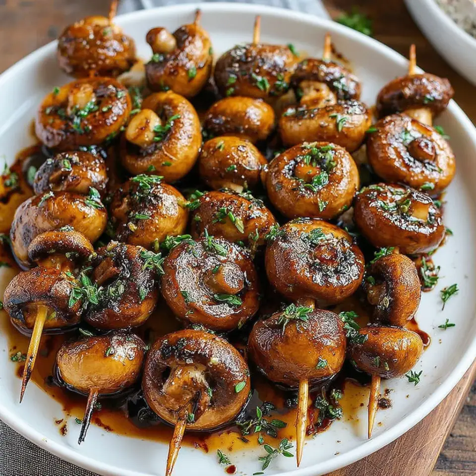 Smoky Balsamic Garlic Mushroom Skewers served on the table