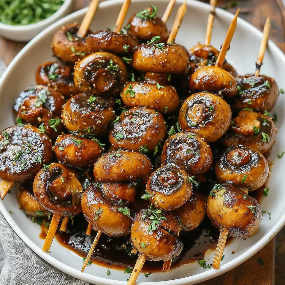 Smoky Balsamic Garlic Mushroom Skewers