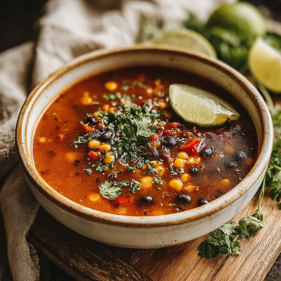 Southwest Black Bean and Corn Soup, ready to serve