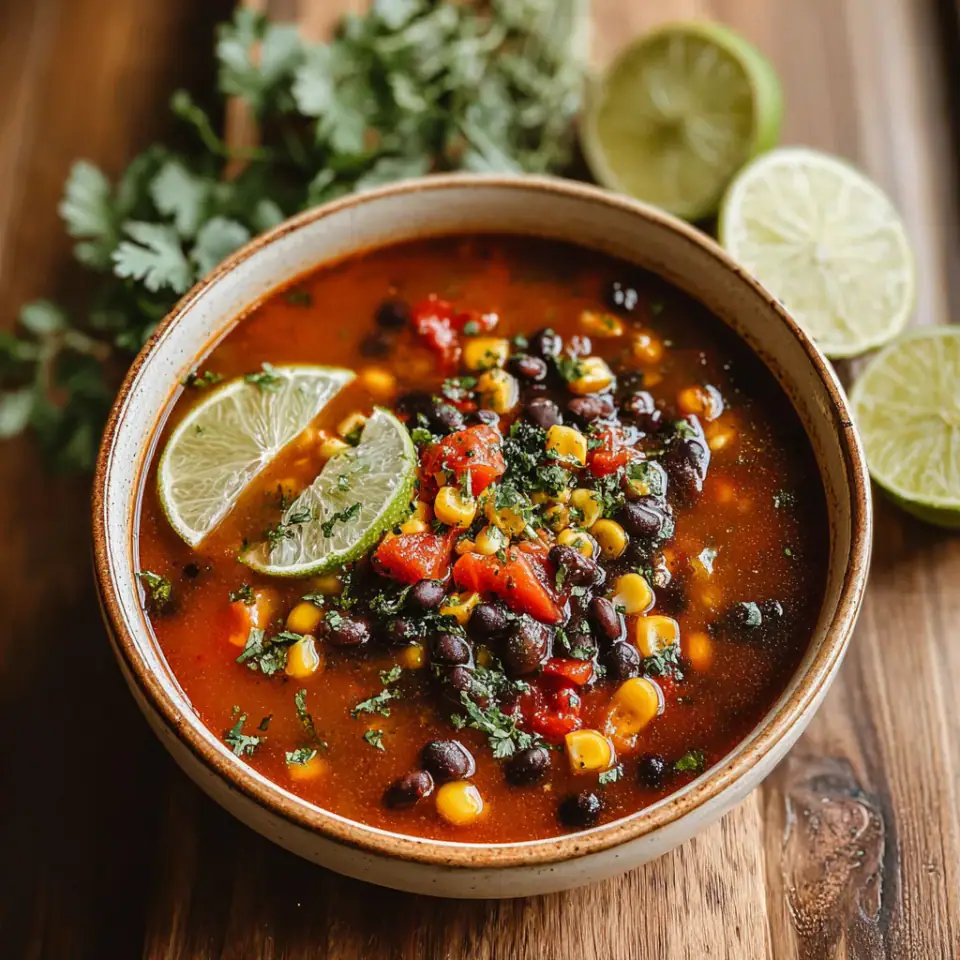 Southwest Black Bean and Corn Soup served on the table