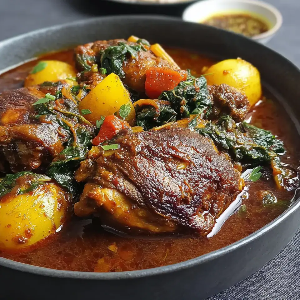Doro Wat (Spicy Ethiopian Chicken Stew) served on the table