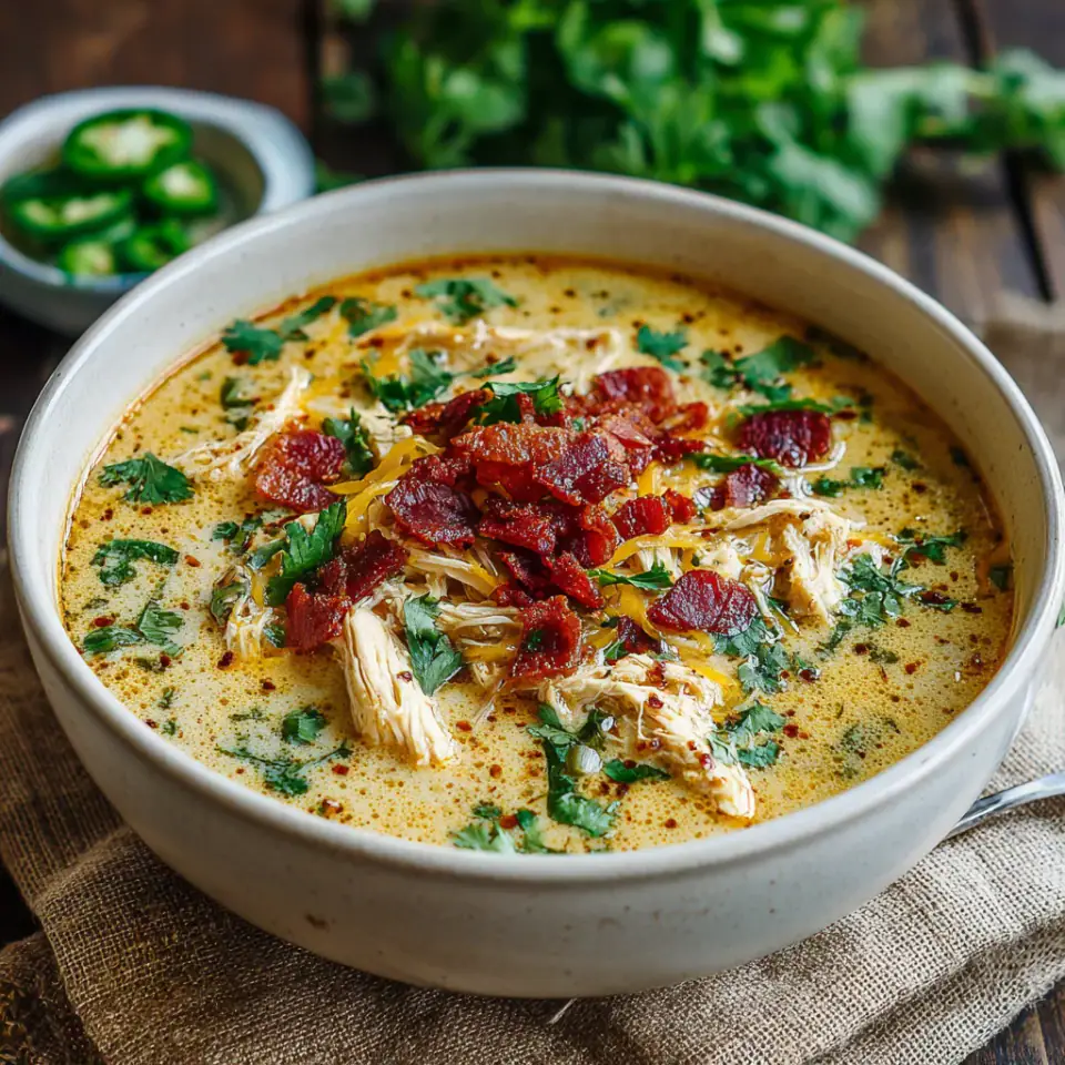 Spicy Jalapeño Popper Chicken Soup served on the table