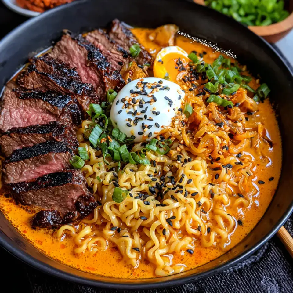 Spicy Korean Ramen with Grilled Beef & Creamy Sauce, ready to serve