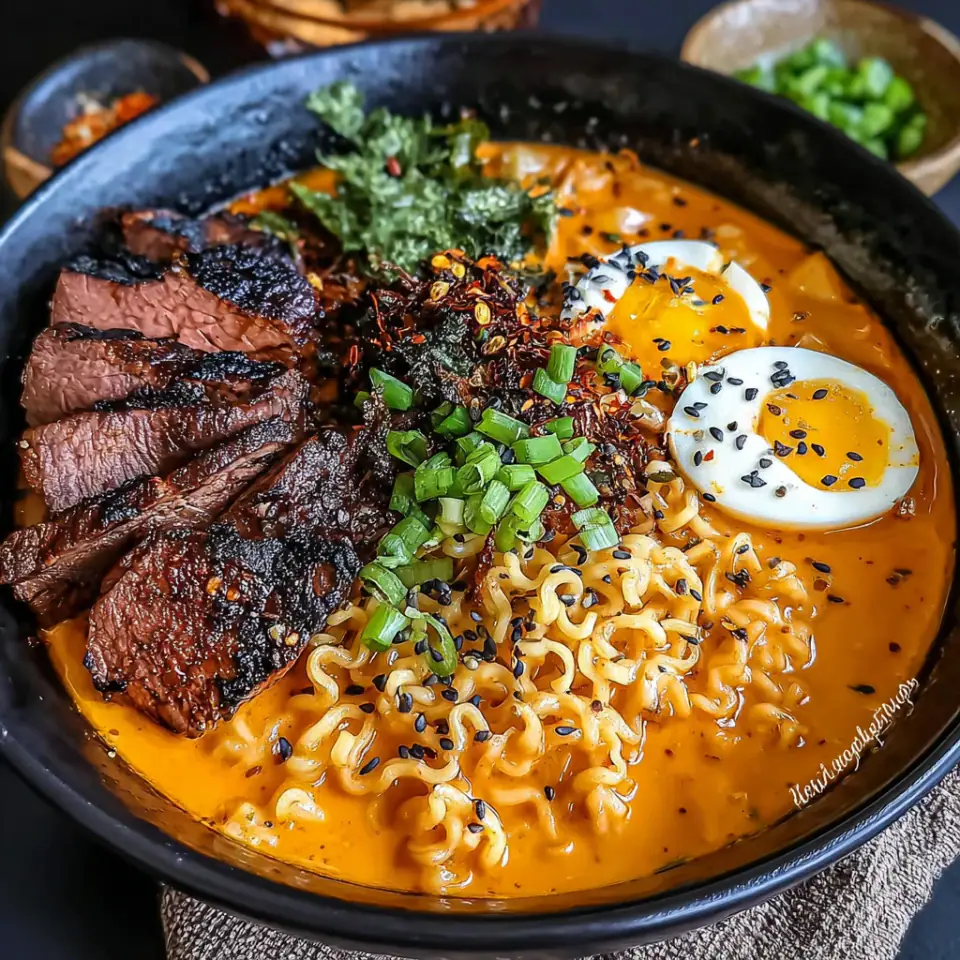 Spicy Korean Ramen with Grilled Beef & Creamy Sauce