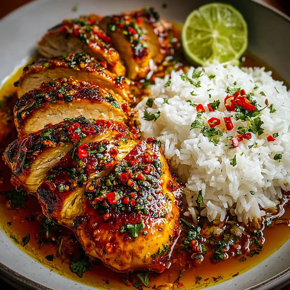 Spicy Maple Chicken & Coconut Rice served on the table