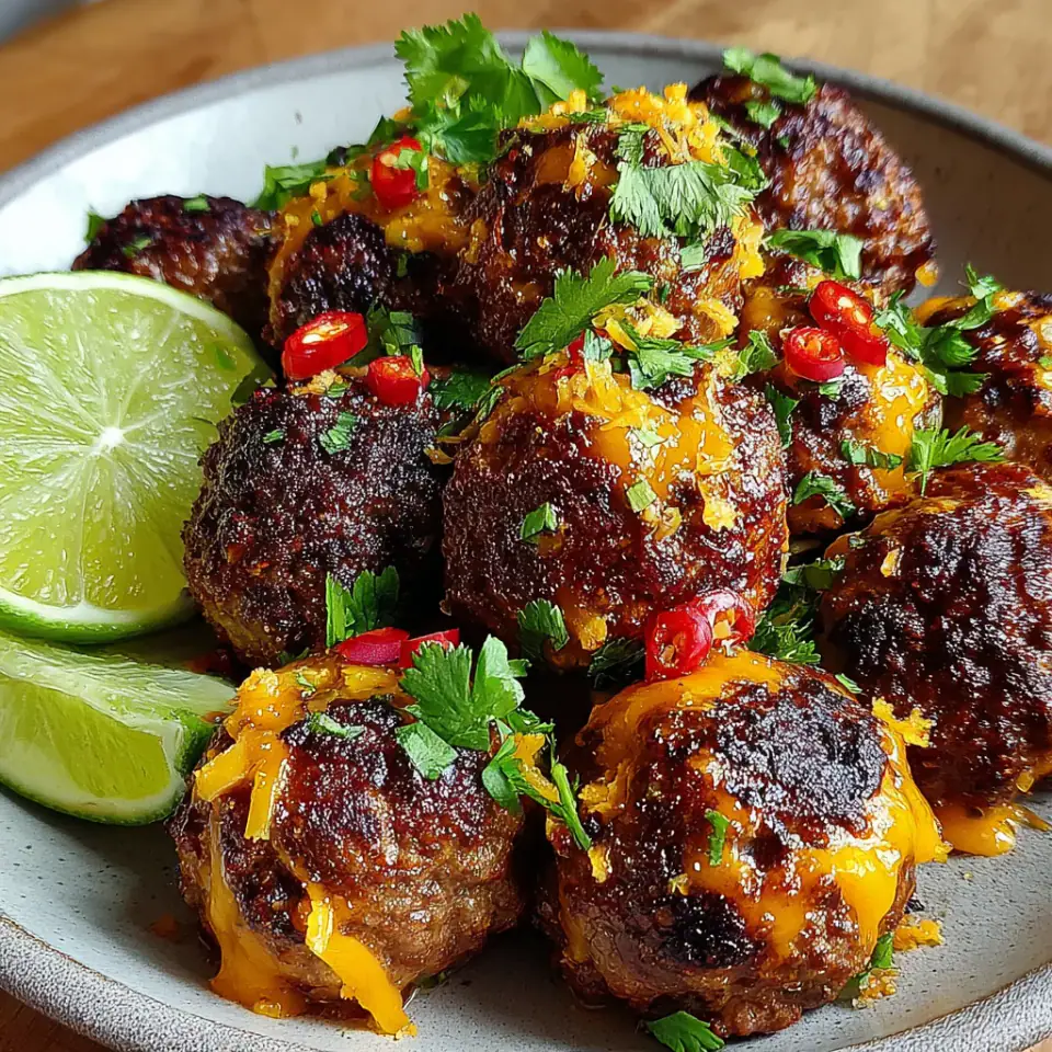 A close look at Spicy Mexican Meatballs with Cheddar and Jalapeño