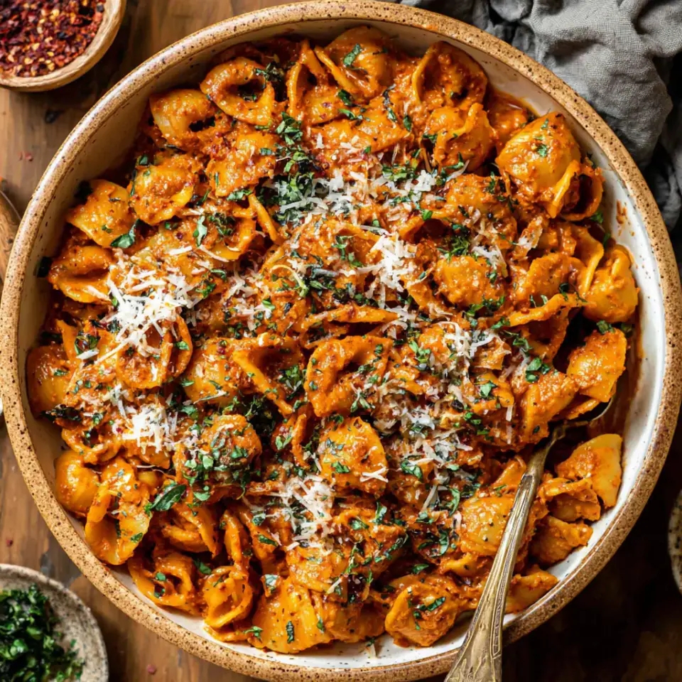 Spicy Pesto Pasta alla Vodka, ready to serve
