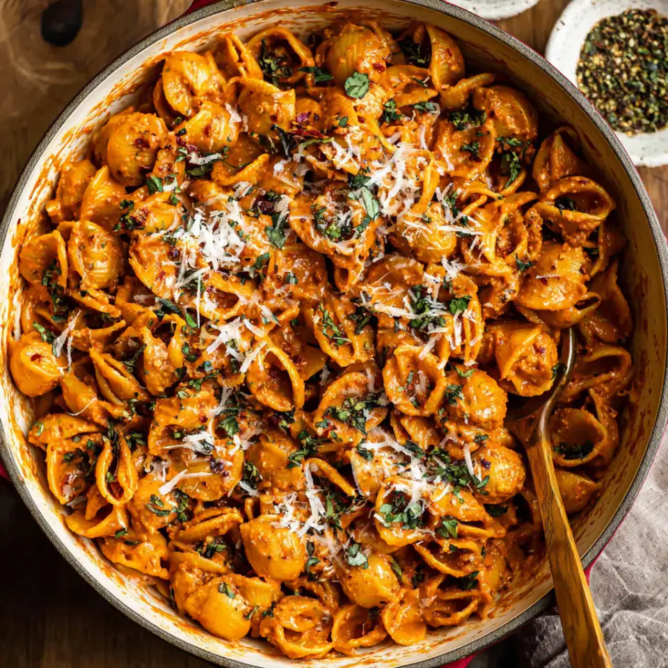 Spicy Pesto Pasta alla Vodka served on the table