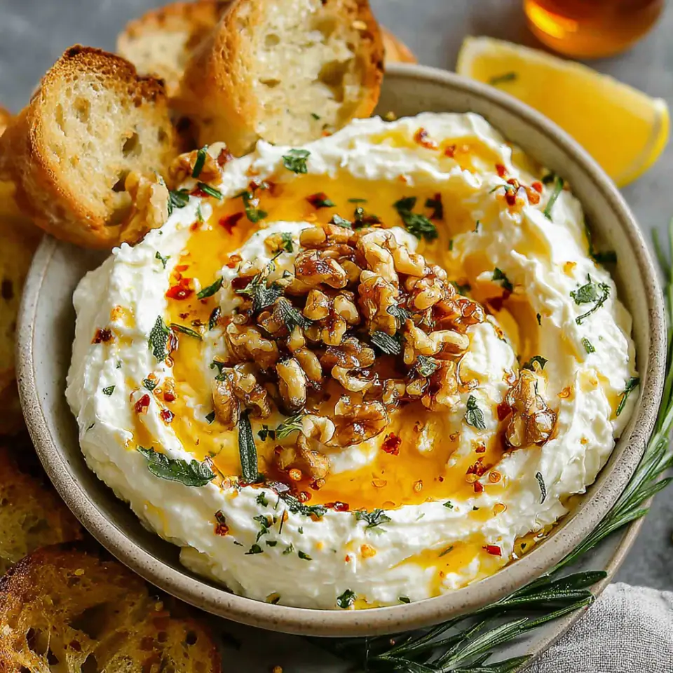 Spicy Ricotta Dip with Hot Honey served on the table