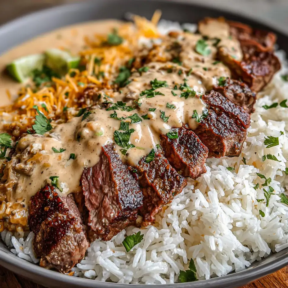 Steak Queso Rice, ready to serve