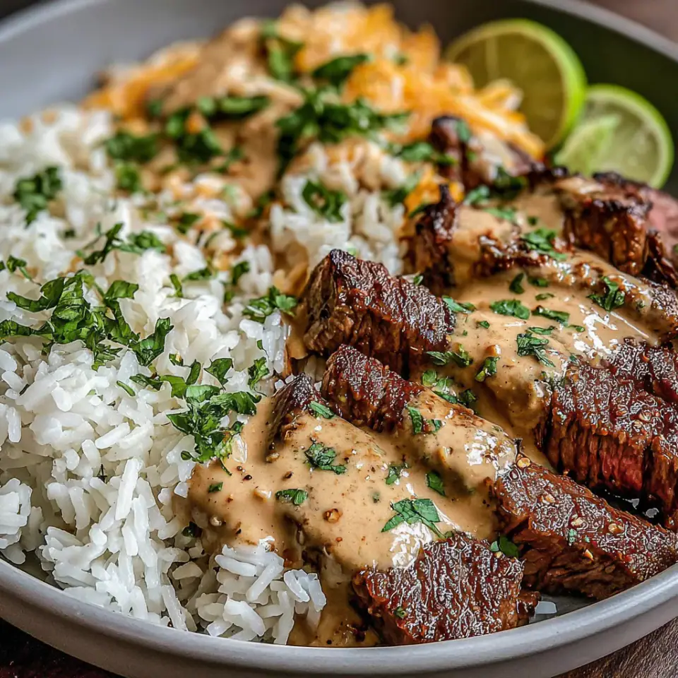 Steak Queso Rice served on the table