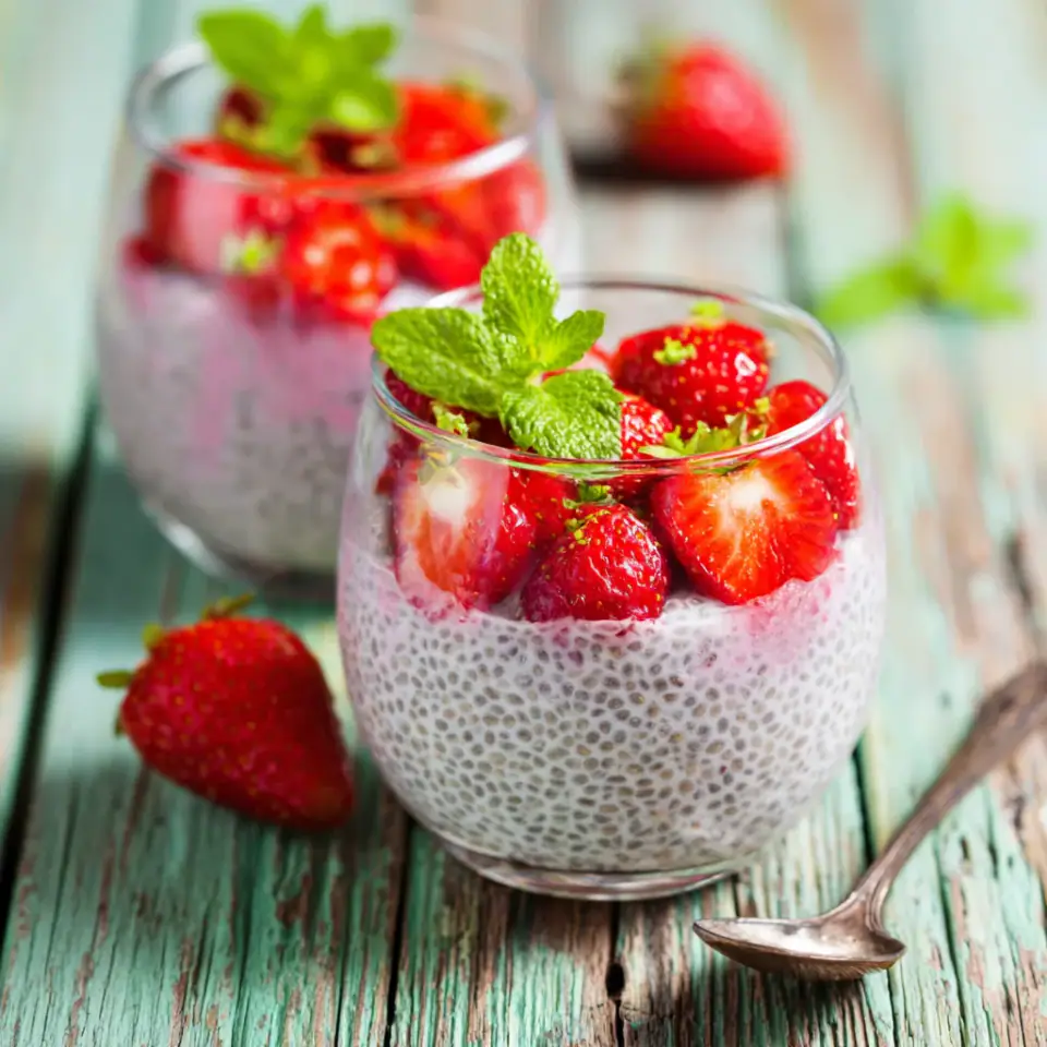 Strawberry Pink Chia Pudding served on the table