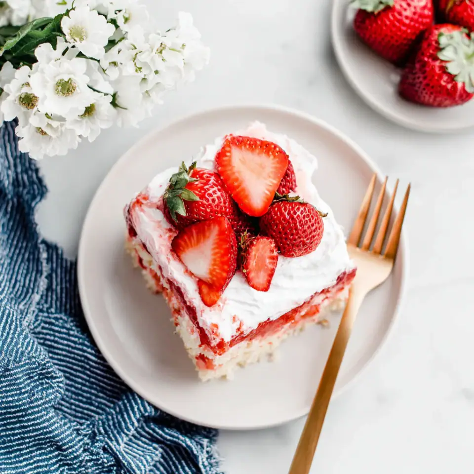 Strawberry Poke Cake, ready to serve