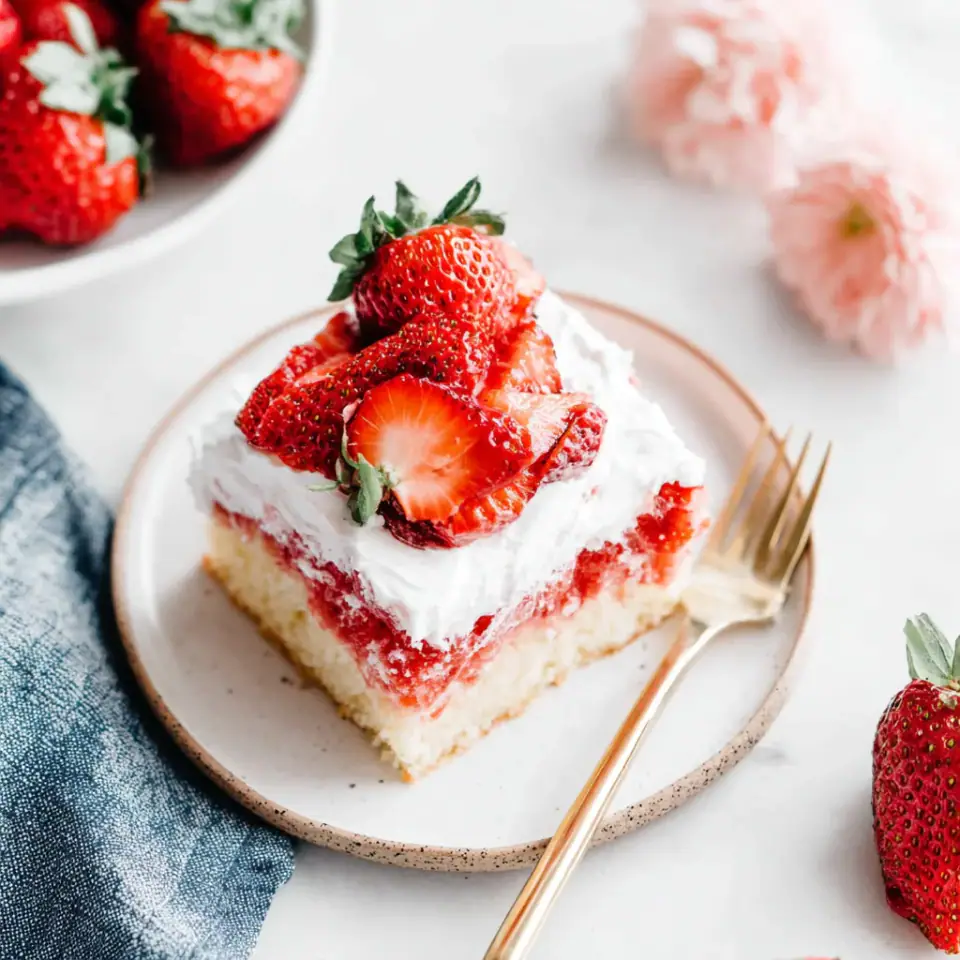 Strawberry Poke Cake served on the table