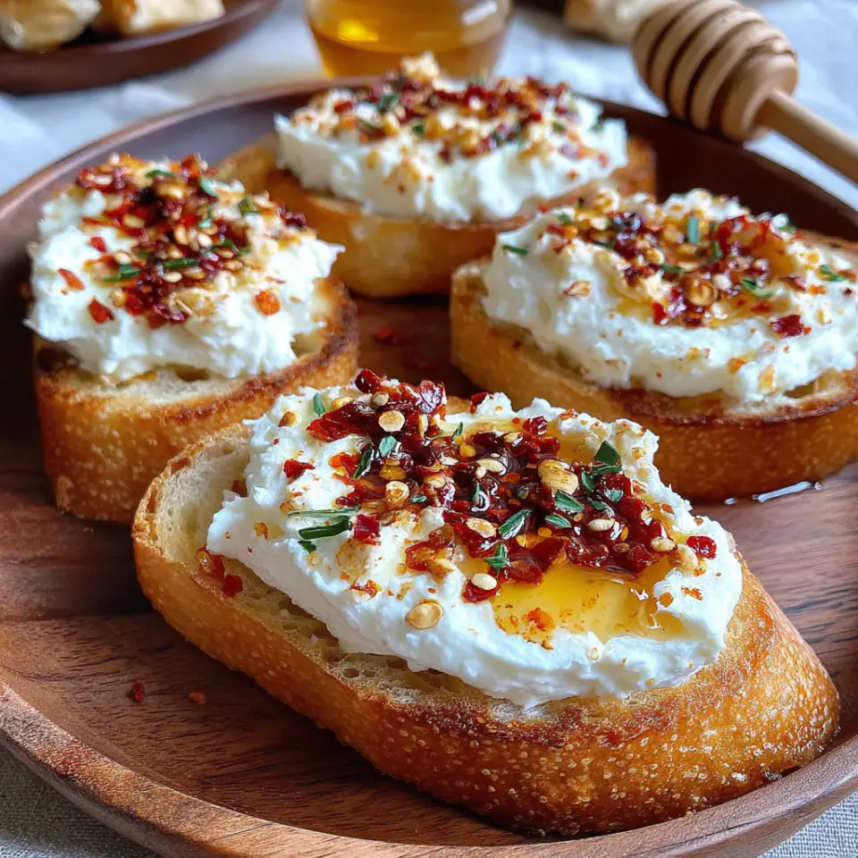 Whipped Feta Crostini with Hot Honey, ready to serve
