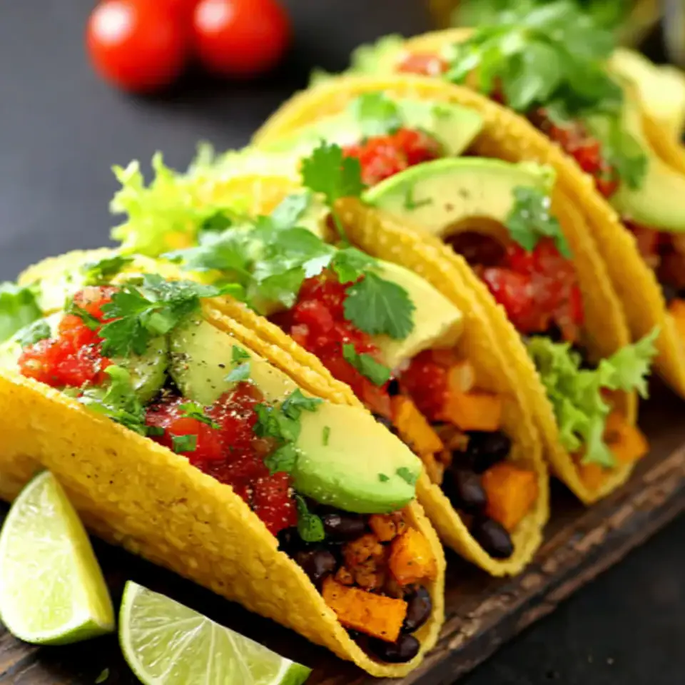 Sweet Potato and Black Bean Tacos served on the table