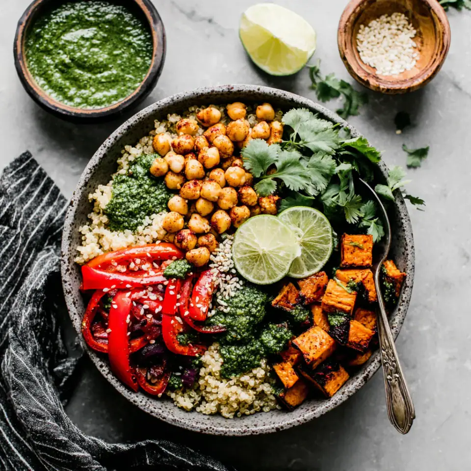 Sweet Potato Buddha Bowl with Chickpeas served on the table