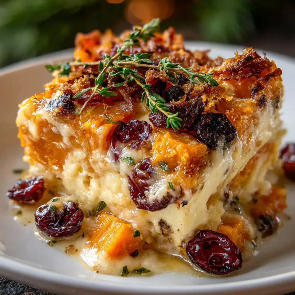 Sweet Potato & Cranberry Gratin, ready to serve