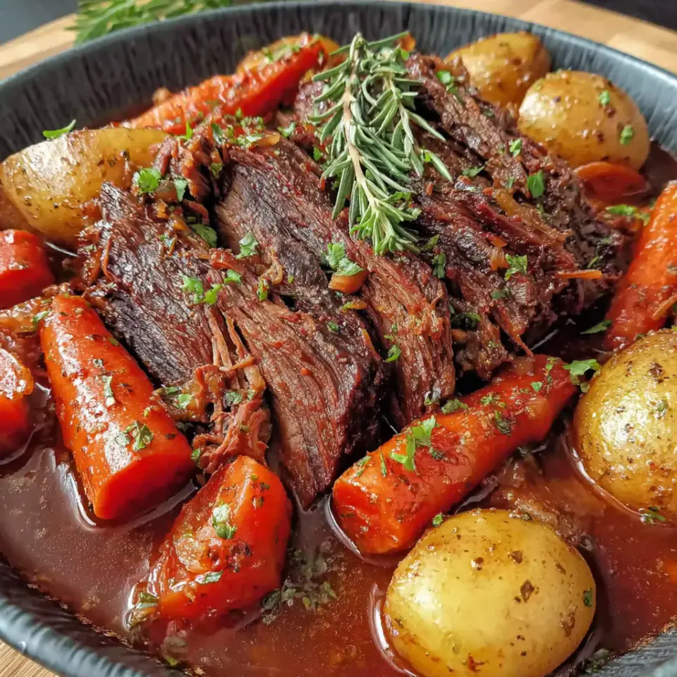 Crock Pot Chuck Roast with Vegetables served on the table