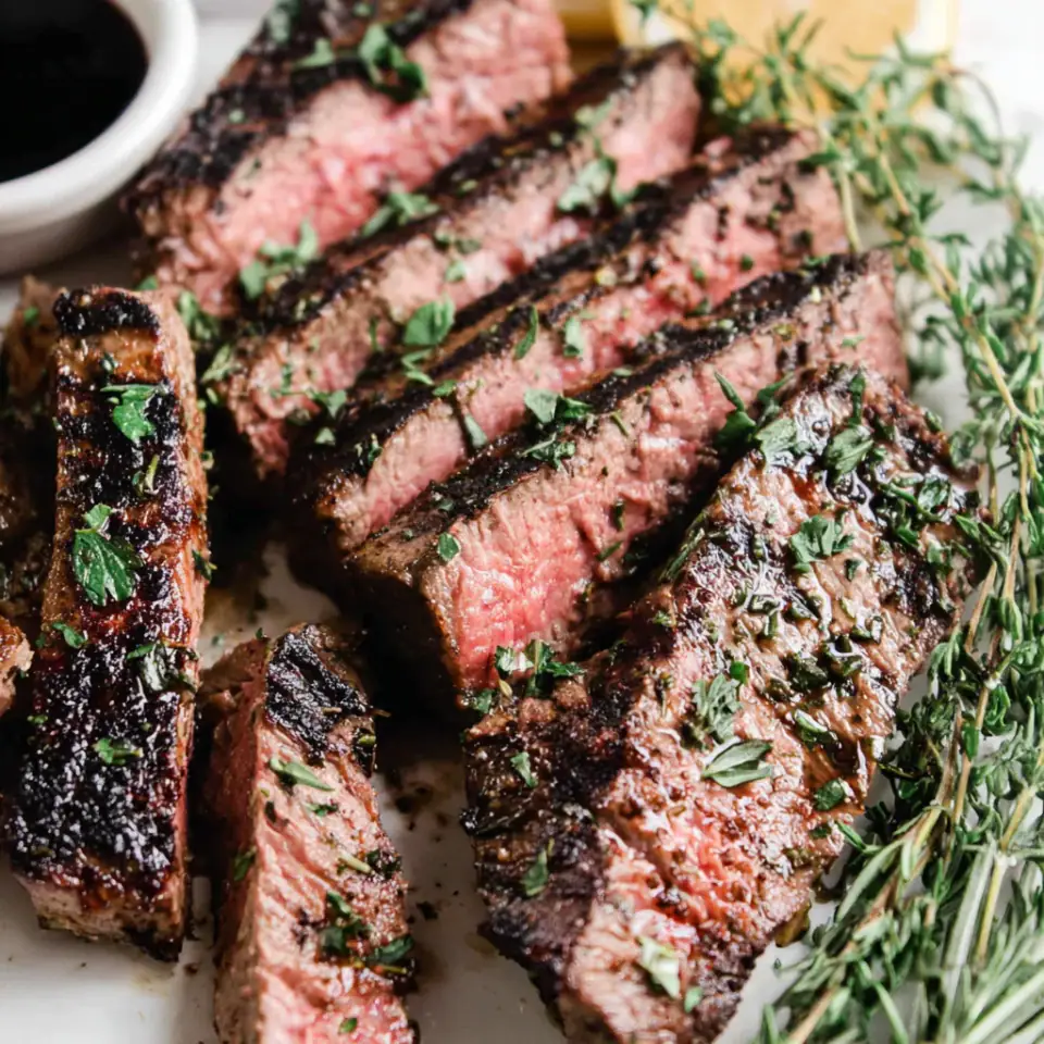 Easy Steak Marinade with Lemon, Garlic and Herbs served on the table