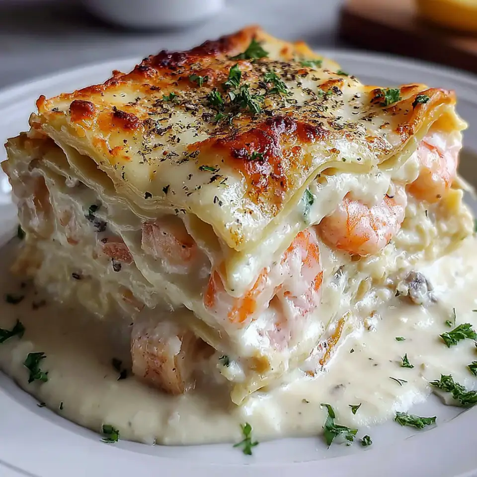 Creamy Seafood Lasagna, ready to serve
