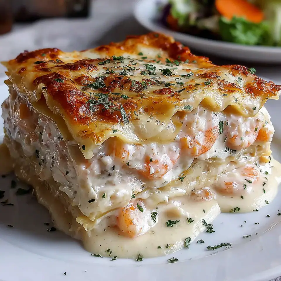 Creamy Seafood Lasagna served on the table