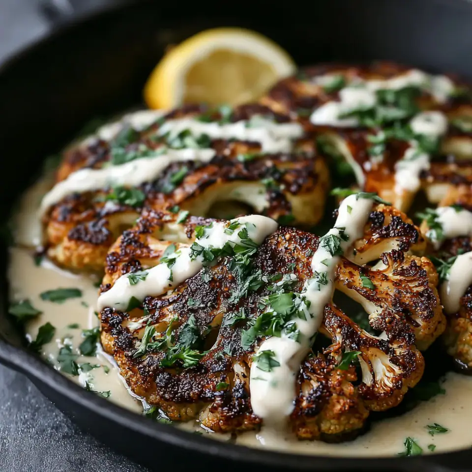 Roasted Cauliflower Steaks with Lemon Tahini Sauce, ready to serve