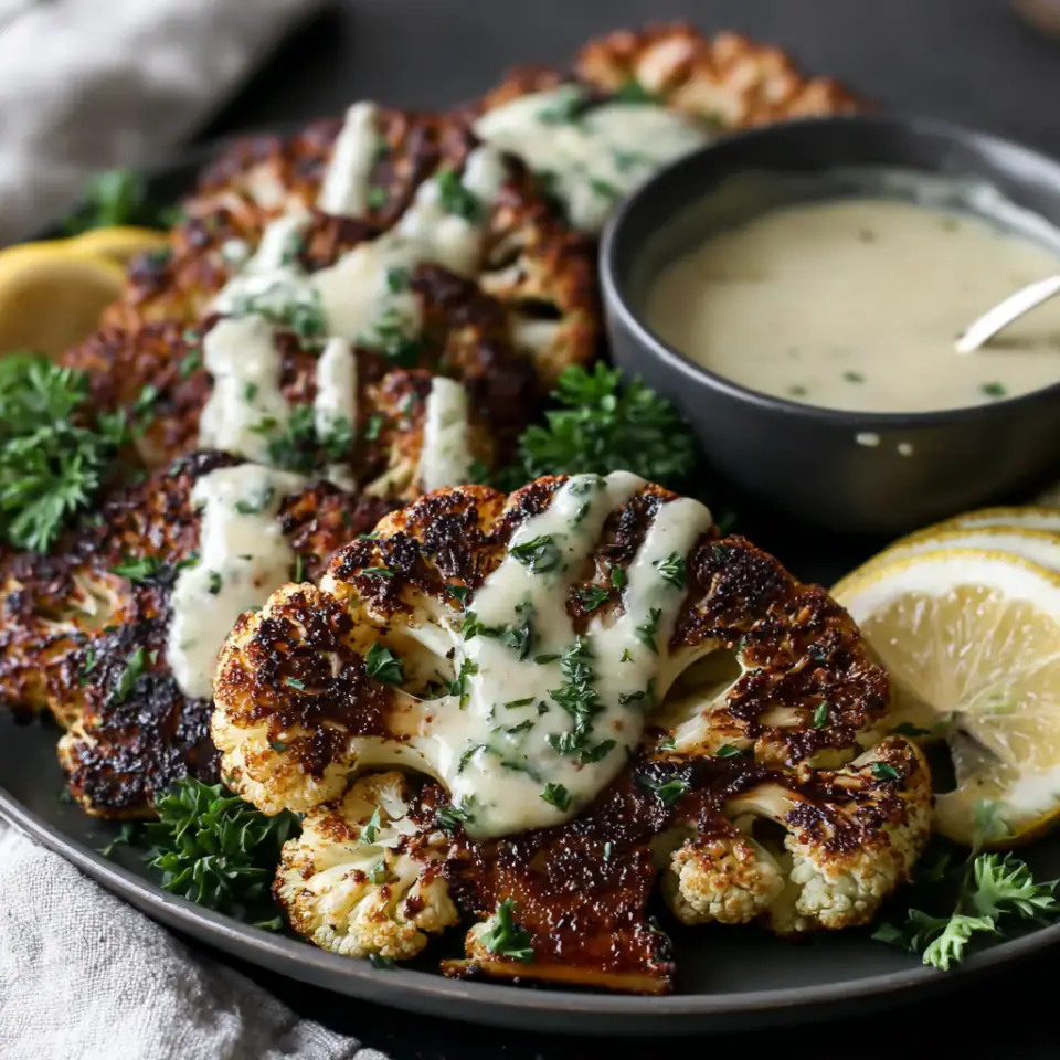 A close look at Roasted Cauliflower Steaks with Lemon Tahini Sauce