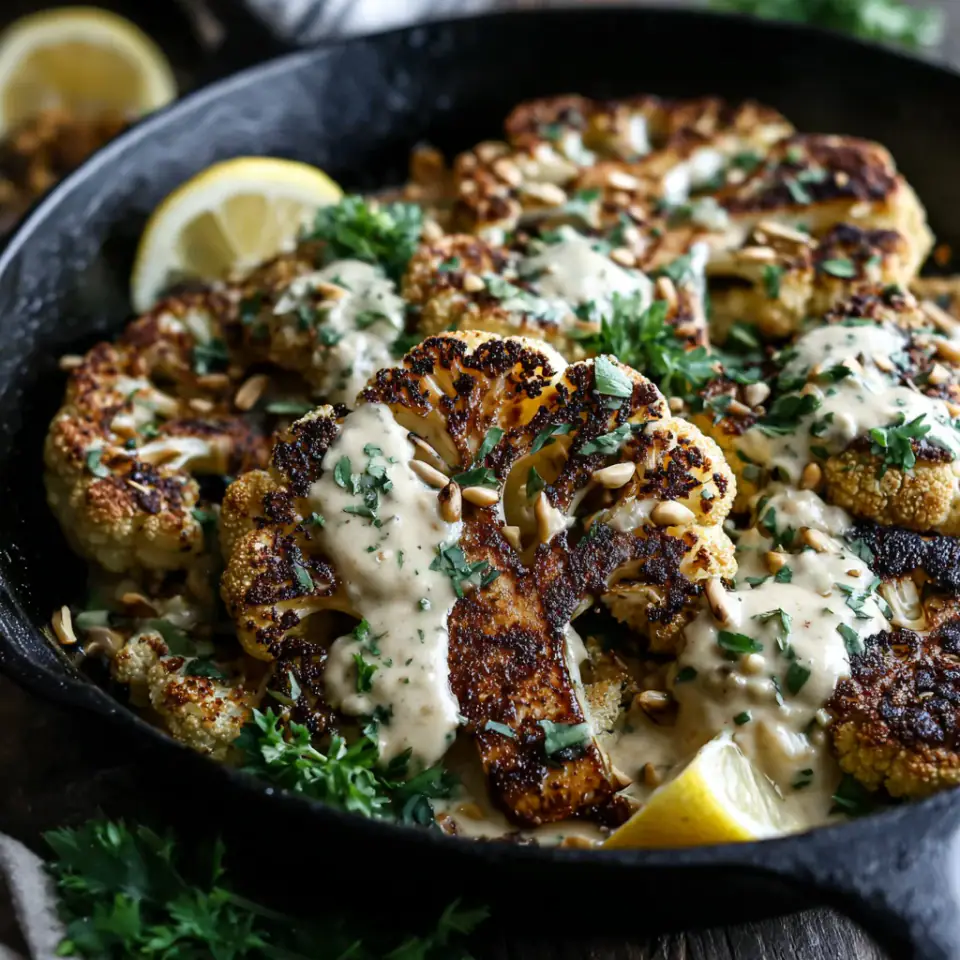 Roasted Cauliflower Steaks with Lemon Tahini Sauce served on the table