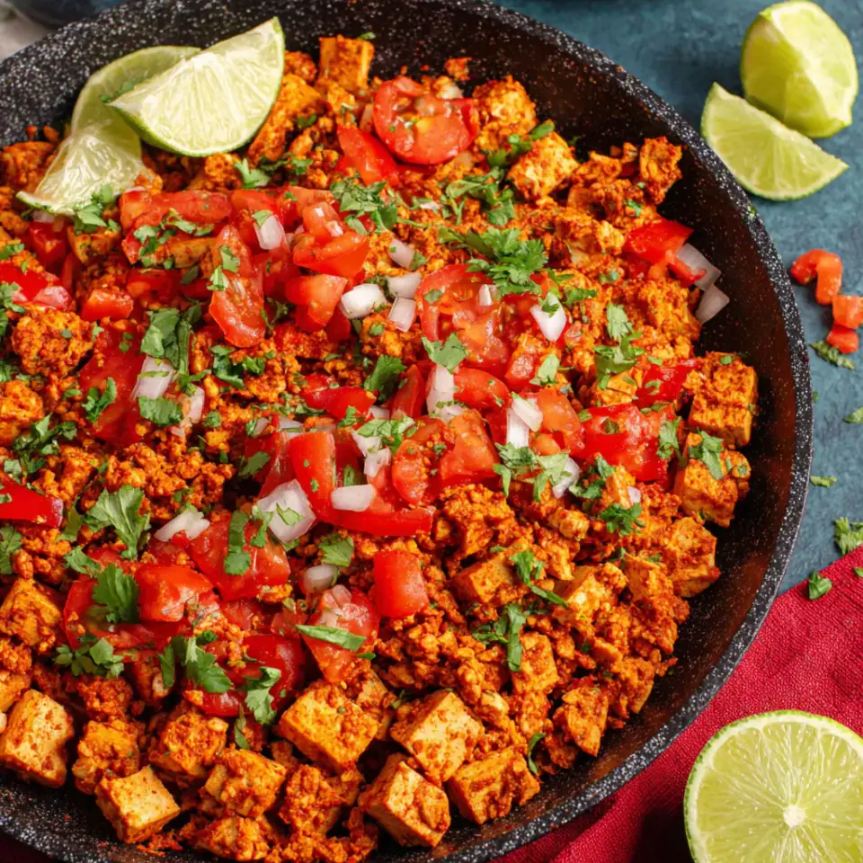 Tofu Sofritas with Tomato and Adobo served on the table