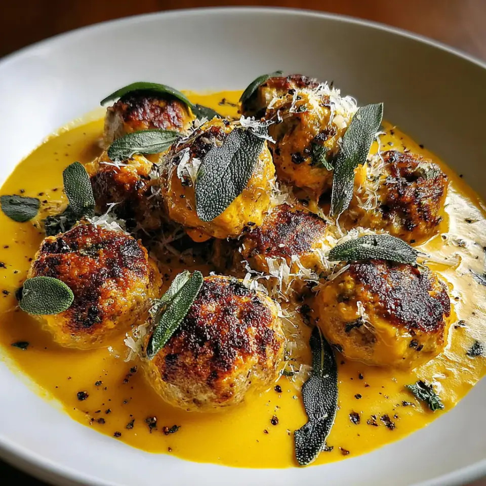 Turkey Meatballs in Pumpkin Sage Sauce, ready to serve