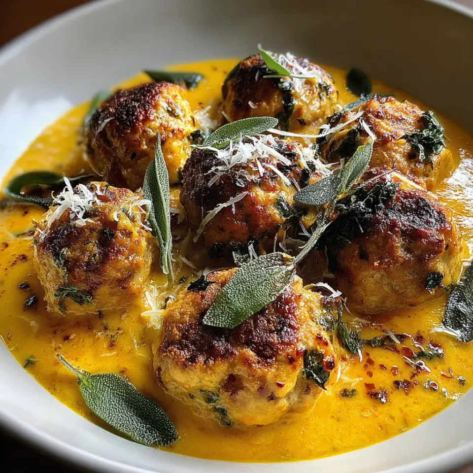 Turkey Meatballs in Pumpkin Sage Sauce served on the table