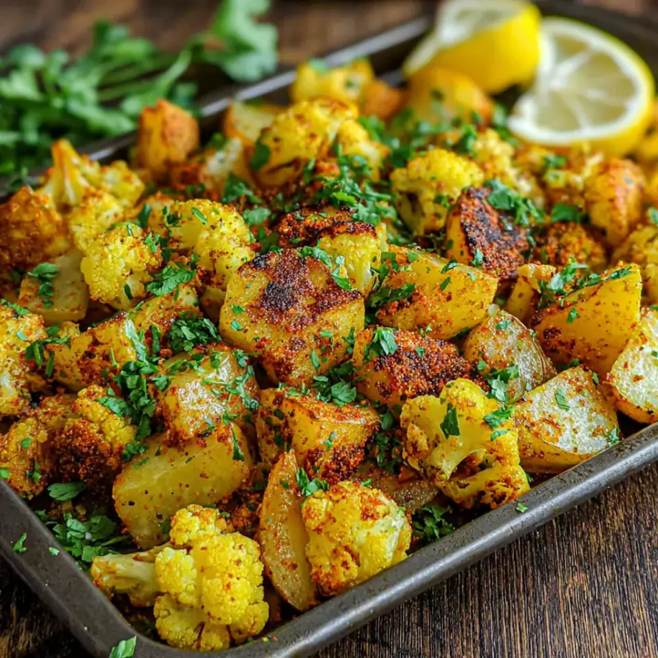 Sheet Pan Aloo Gobi, ready to serve
