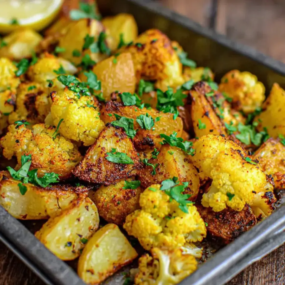 Sheet Pan Aloo Gobi served on the table
