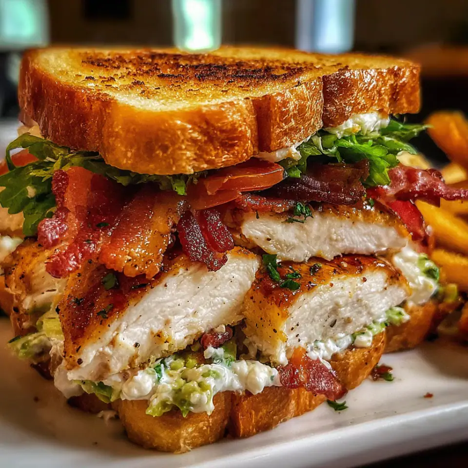 A close look at Loaded Chicken Club Sandwich with Bacon and Avocado Ranch