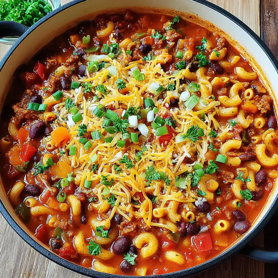 One Pot Vegetarian Chili Mac and Cheese served on the table