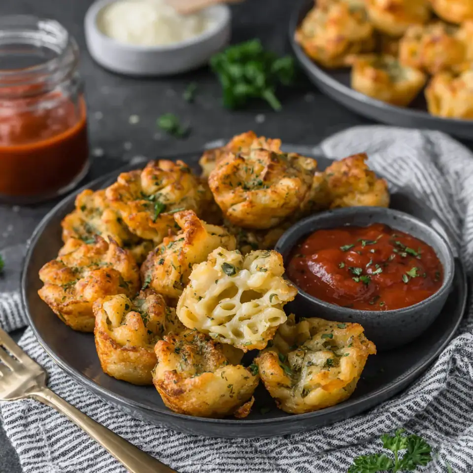 Vegan Baked Mac and Cheese Bites, ready to serve
