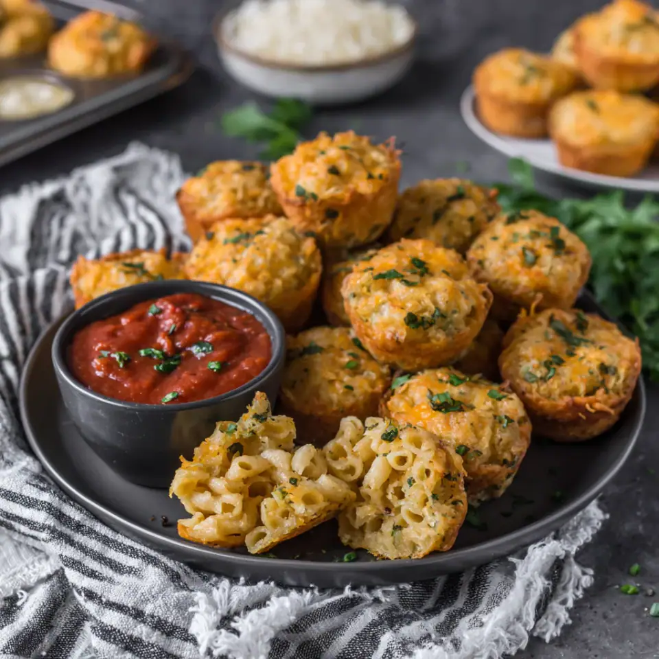 Vegan Baked Mac and Cheese Bites served on the table