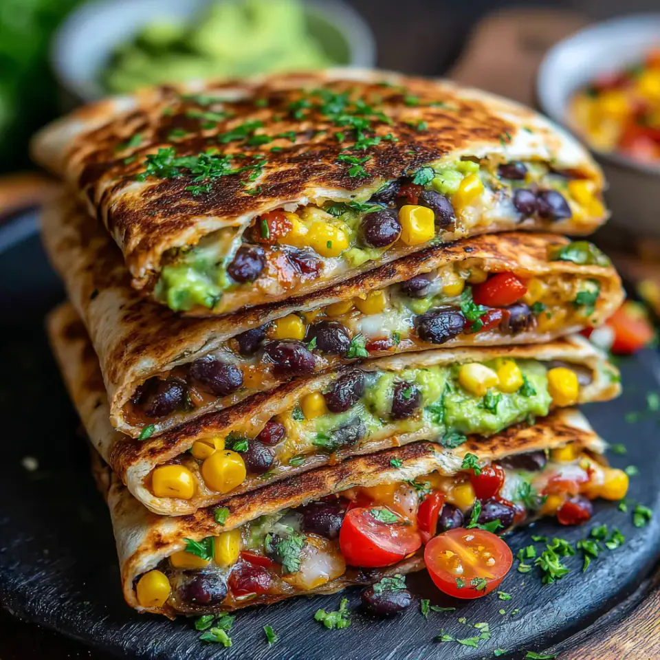 Vegan Quesadillas with Black Beans and Avocado, ready to serve