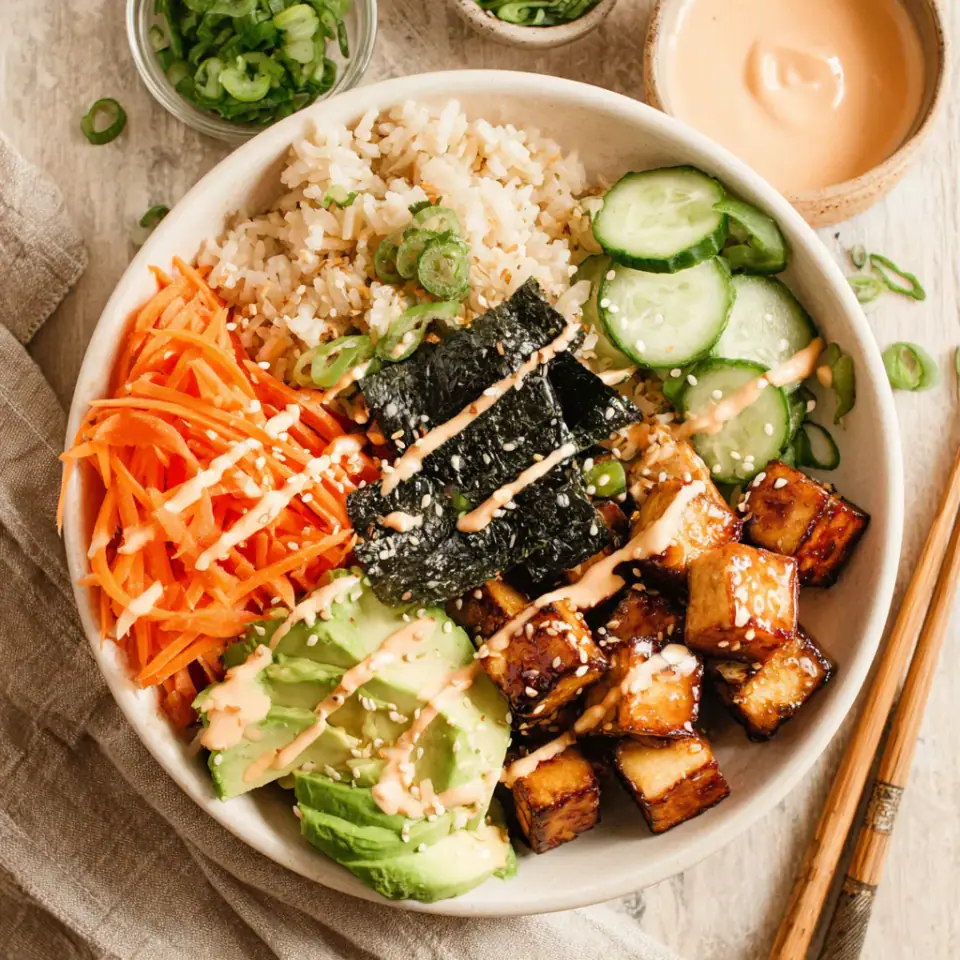 Vegan Sushi Bowls with Sesame Baked Tofu, ready to serve
