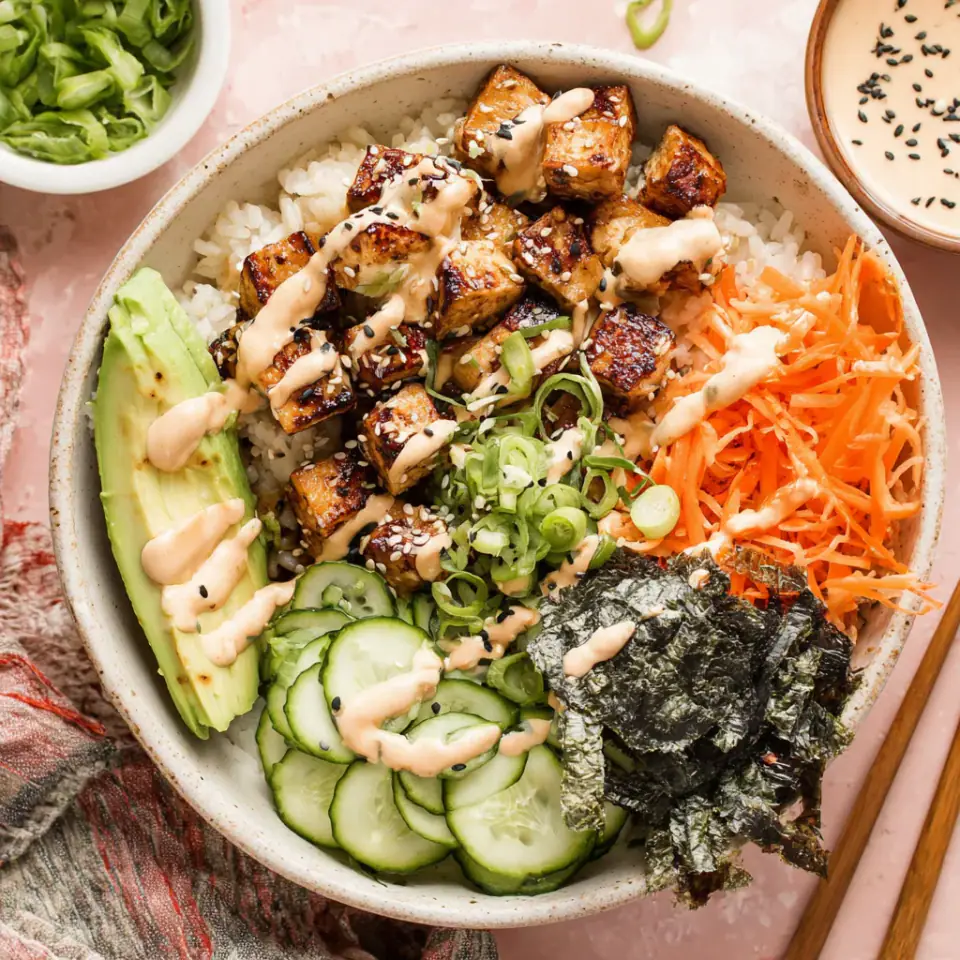 A close look at Vegan Sushi Bowls with Sesame Baked Tofu